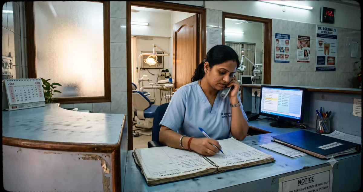 Clinic front desk staff answering calls beside a screen, illustrating where an AI receptionist for clinics helps and where it must not