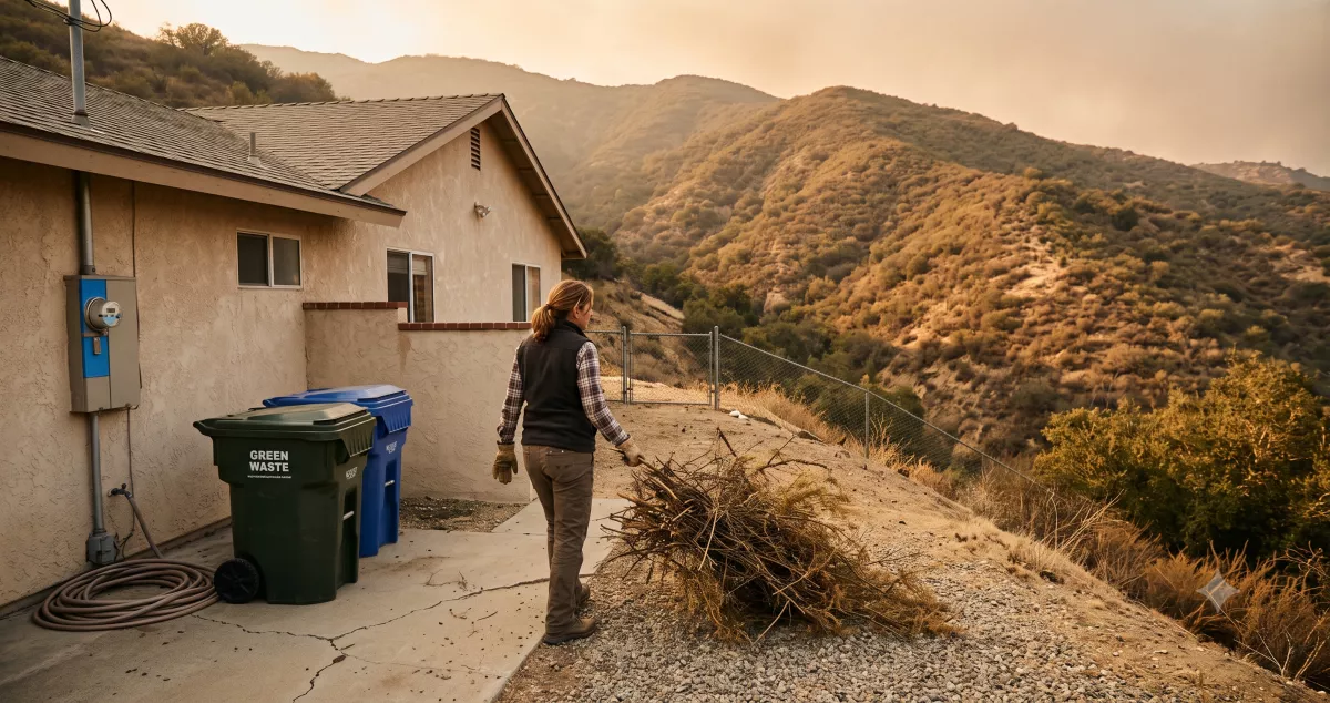 Hillside home at the California wildland-urban interface with dry chaparral, the constraint behind California insurance advertising