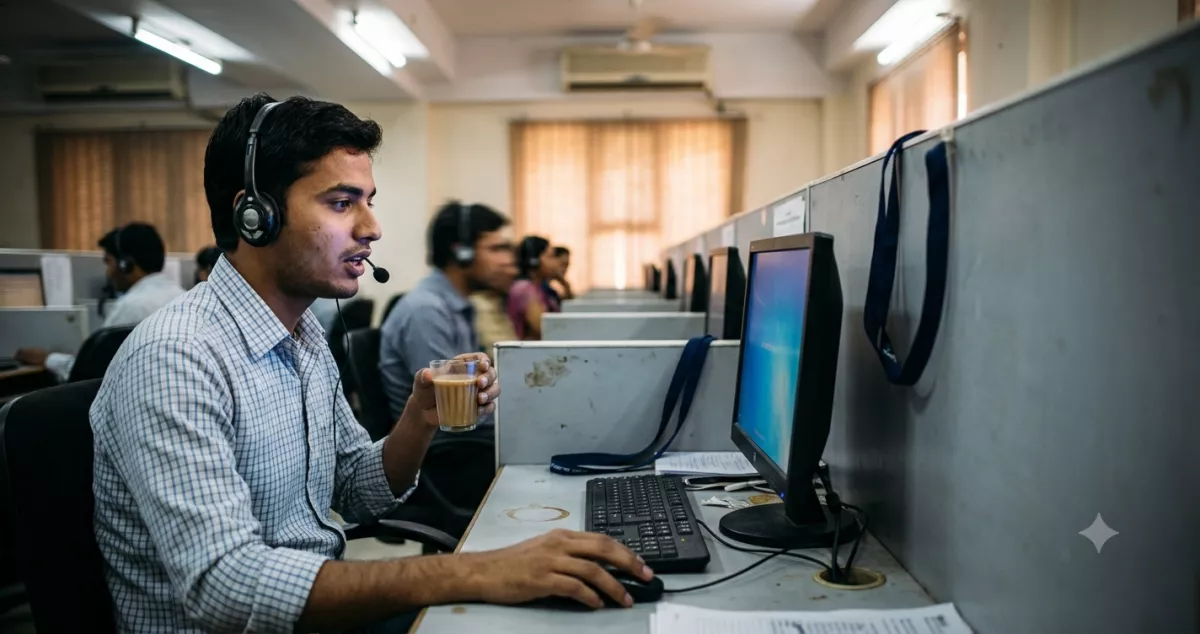 Clinic owner comparing printed agency proposals while working out how to choose a web development agency in India at a reception desk