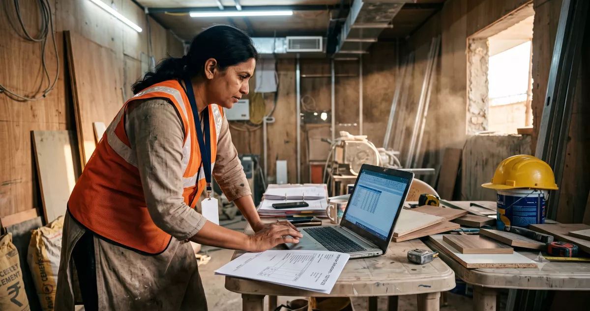 Interior fit-out firm owner comparing a custom software vs SaaS for small business quote against a subscription tool on a site-office laptop