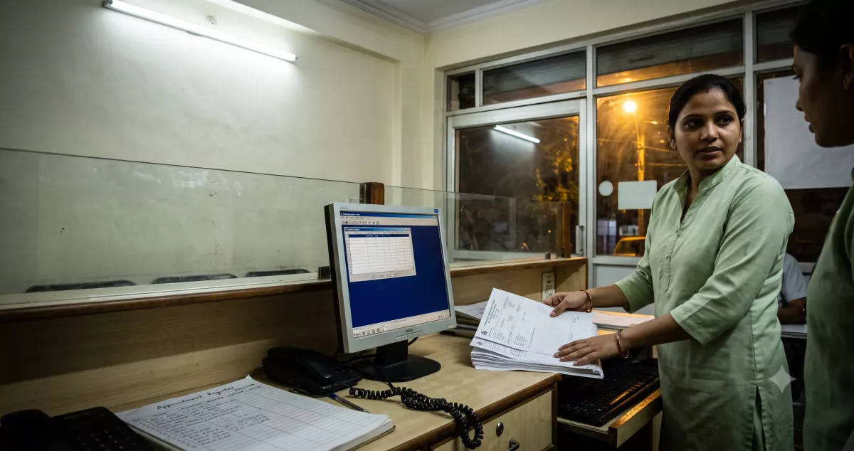 Clinic front-desk staff checking patient enquiry records on a monitor while planning DPDP Act compliance for websites before the November 2026 deadline