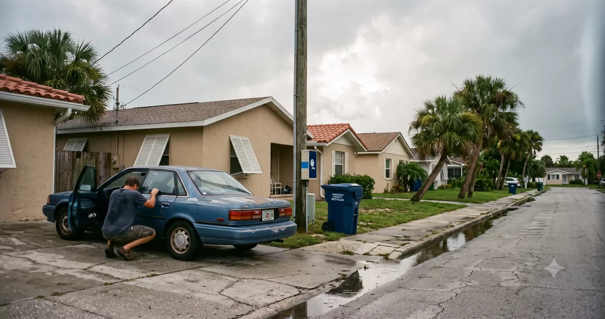 Gulf Coast Florida residential street with tile and shingle roofs and parked sedans, the market behind Florida auto insurance leads