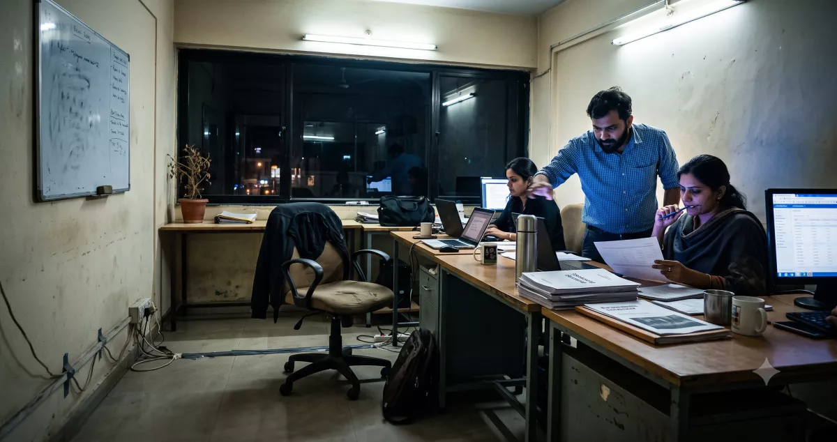 Small agency team working late in a rented Ahmedabad office, reflecting how the India GCC boom has raised client delivery expectations