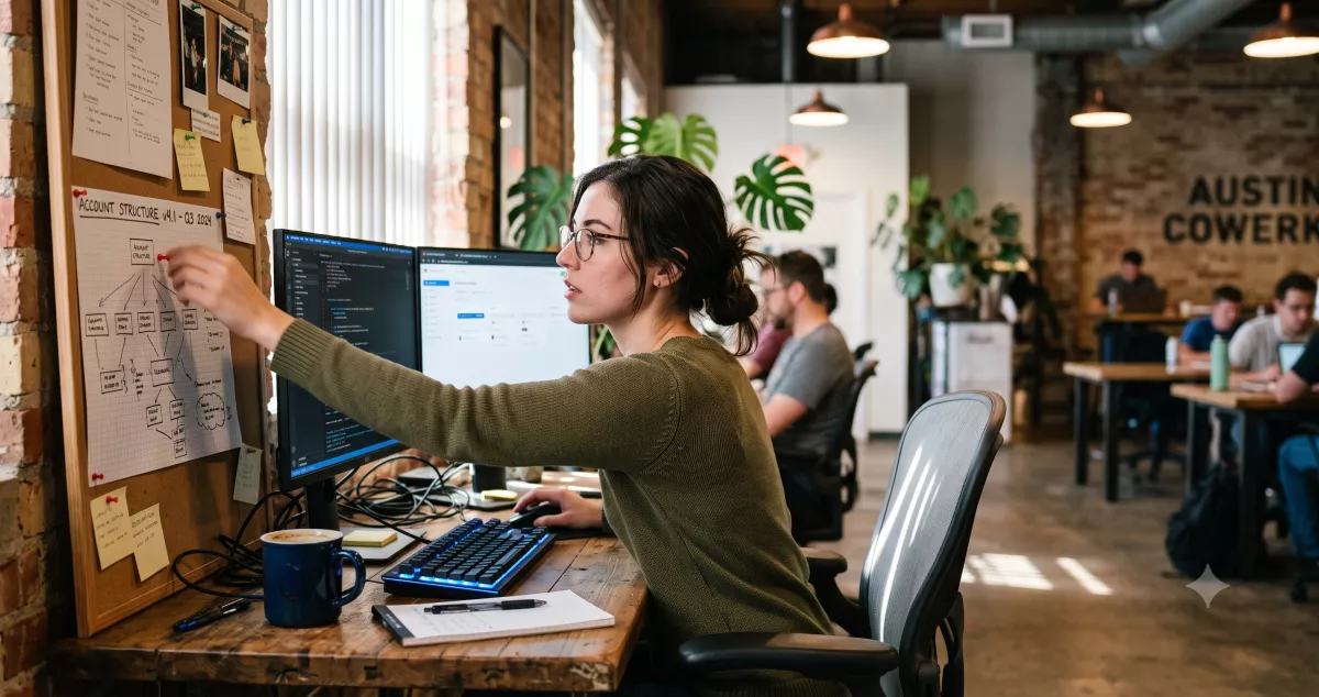 Media buyer restructuring a Google Ads for insurance lead generation account across two monitors in a US office