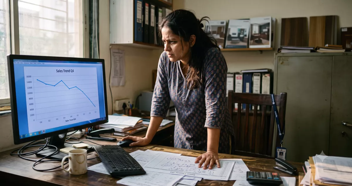 Marketing manager reviewing search analytics on a desktop monitor while working out how to rank in Google AI Mode for an industrial product catalogue