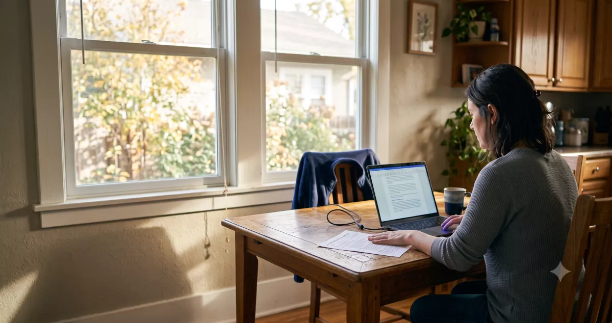 A media buyer reviewing the Google insurance advertising policy on a laptop at a kitchen table in Denver