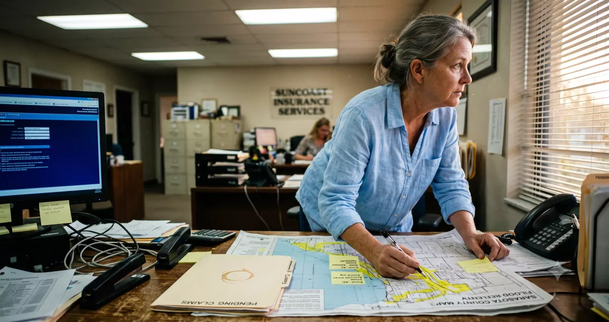 Home insurance agent reviewing carrier appetite homeowners leads ZIP maps and roof-age notes at a Florida office desk
