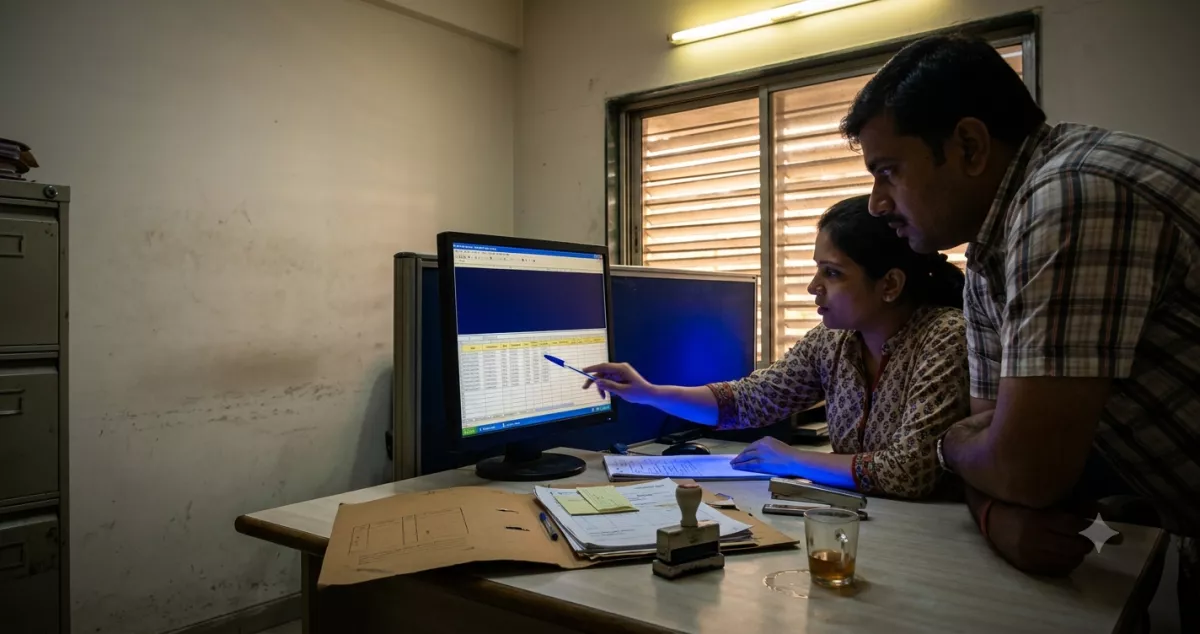 Freight coordinator in a Surat office comparing a draft quotation against a shipping document, illustrating a human in the loop workflow review step