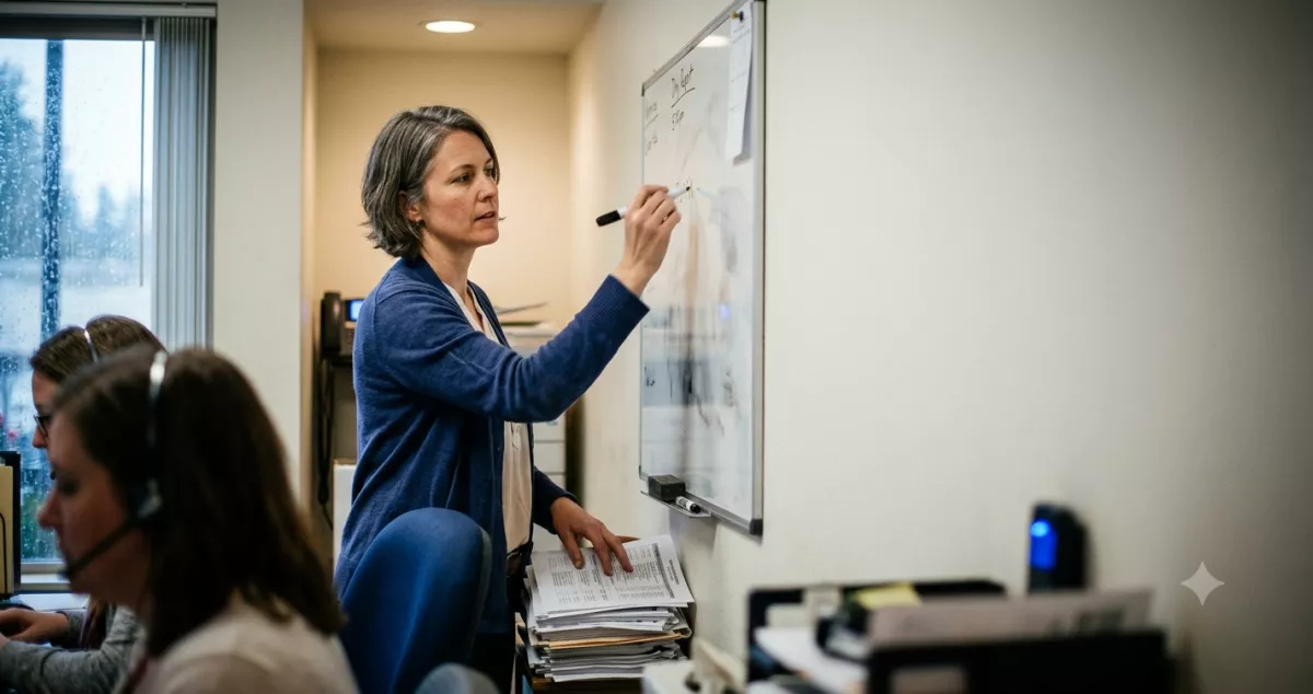 Call center supervisor reviewing insurance warm transfer leads performance on a whiteboard beside a headset desk