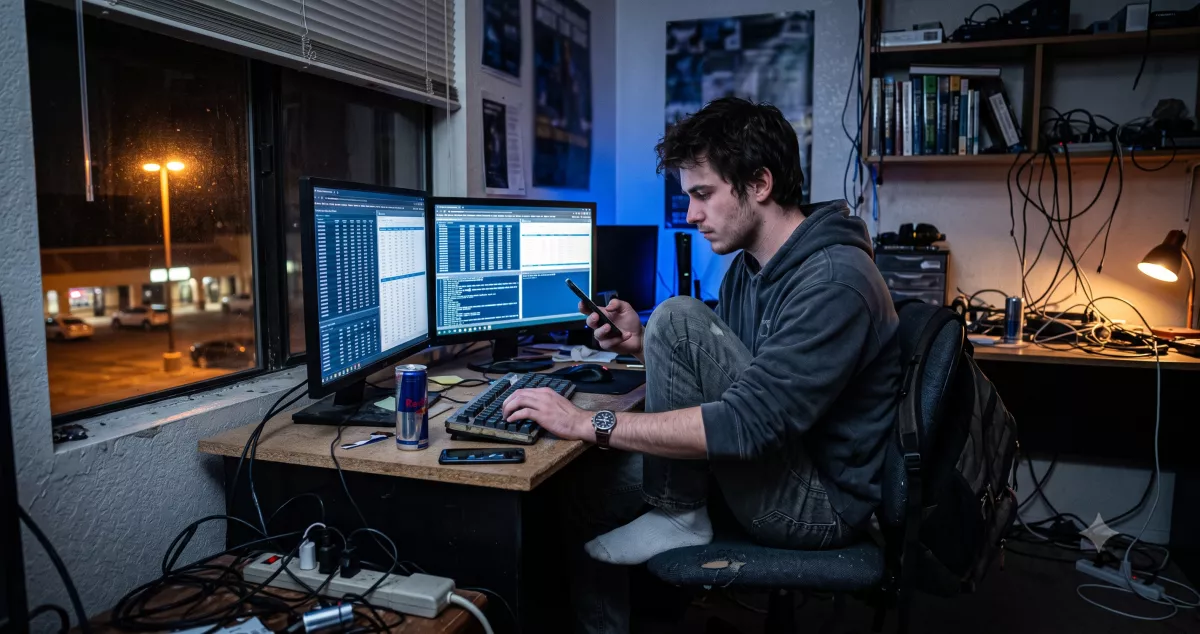 Late-night affiliate media buyer reviewing insurance affiliate marketing lead flow dashboards in a small US office