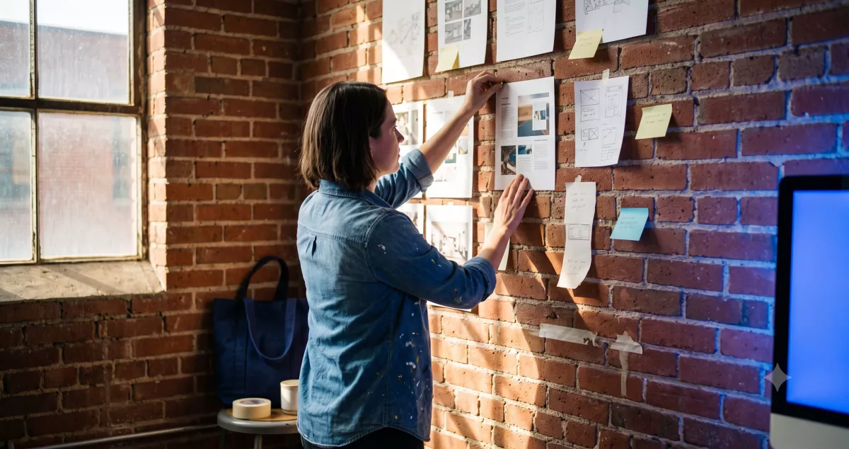 Designer reviewing printed insurance landing page conversion wireframes and sticky notes on a studio wall in Raleigh