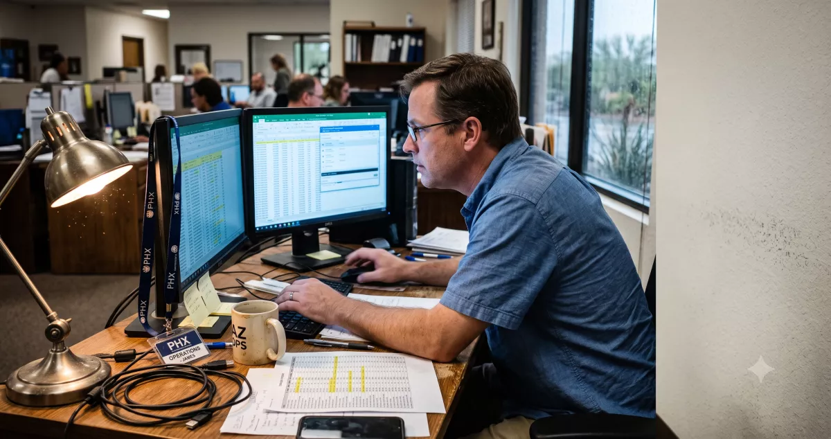 Insurance agency operations lead comparing CRM records and call logs on two monitors while rebuilding lead attribution insurance advertisers depend on