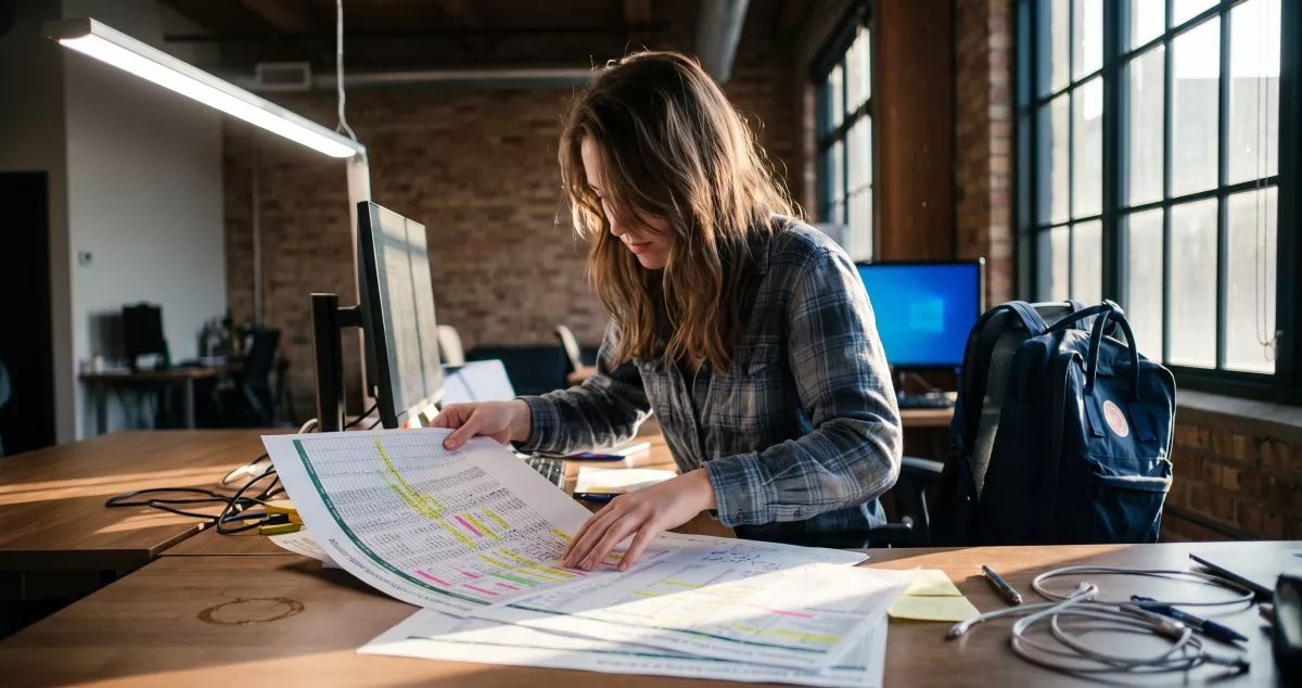 Analyst reviewing insurance lead quality scoring dashboards on paper printouts at a cluttered US office desk