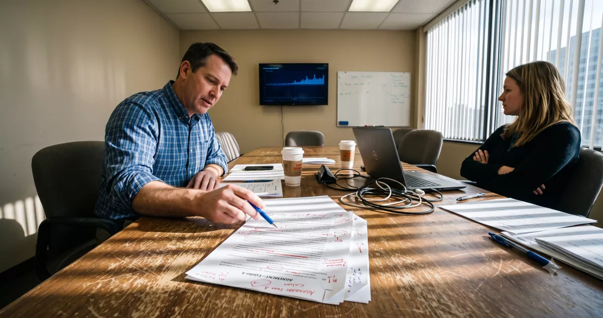 Two lead-buying managers reviewing an insurance lead return policy contract markup across a conference table in a US office