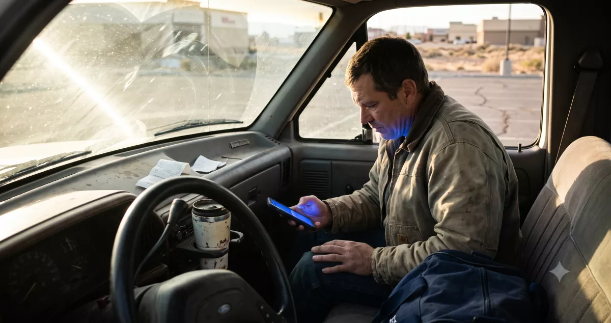 Driver filling out an insurance quote funnel form on a phone inside a parked pickup truck in suburban Nevada