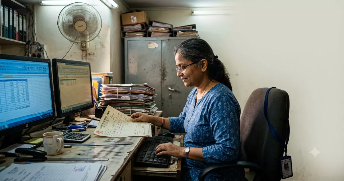 Accounts clerk in a Pune distributor office checking supplier PDFs on screen against a paper invoice pile, illustrating invoice processing AI review work