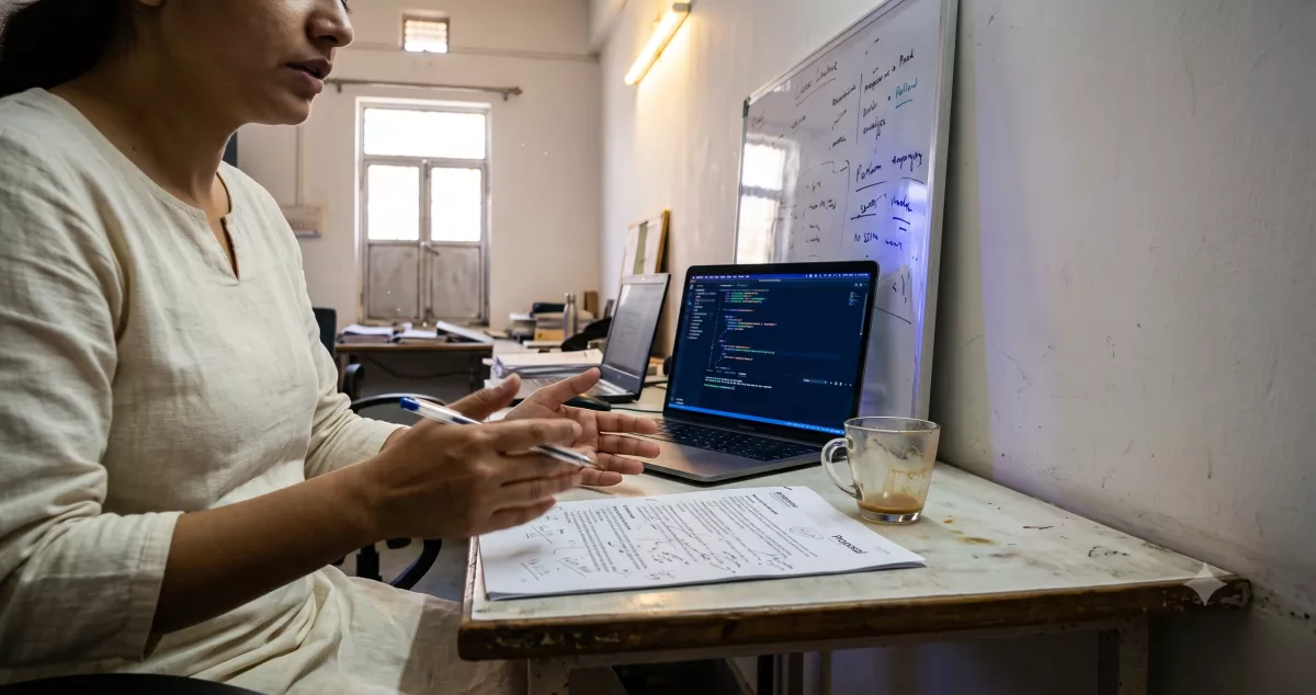 Agency owner at a small Jaipur office desk reviewing a client deliverables list while answering the llms.txt do you need it question
