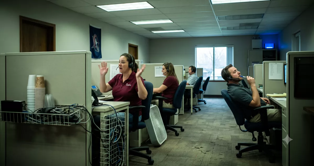 Insurance agency call floor working Meta lead ads follow-up calls in an Ohio office at midday