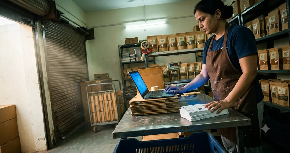 Operations lead at a Nagpur D2C spice brand reviewing automation run logs on a laptop beside packing tables, illustrating n8n vs zapier pricing decisions