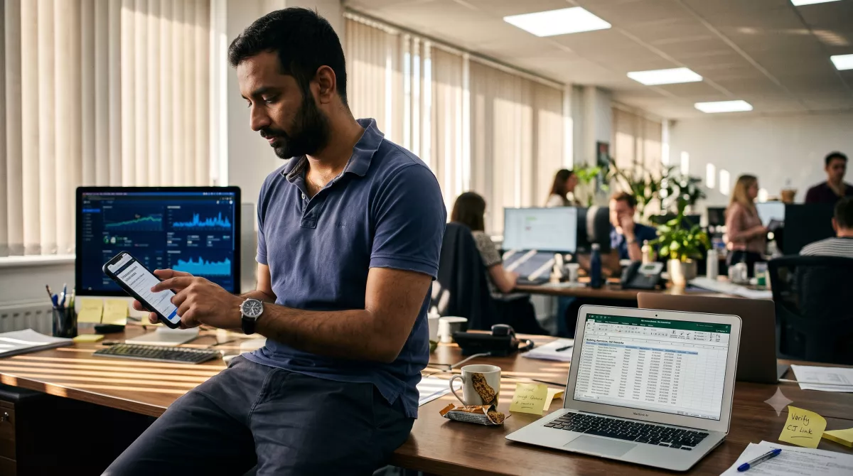 Affiliate network account manager running publisher vetting insurance leads checks on a phone and laptop in a Charlotte office