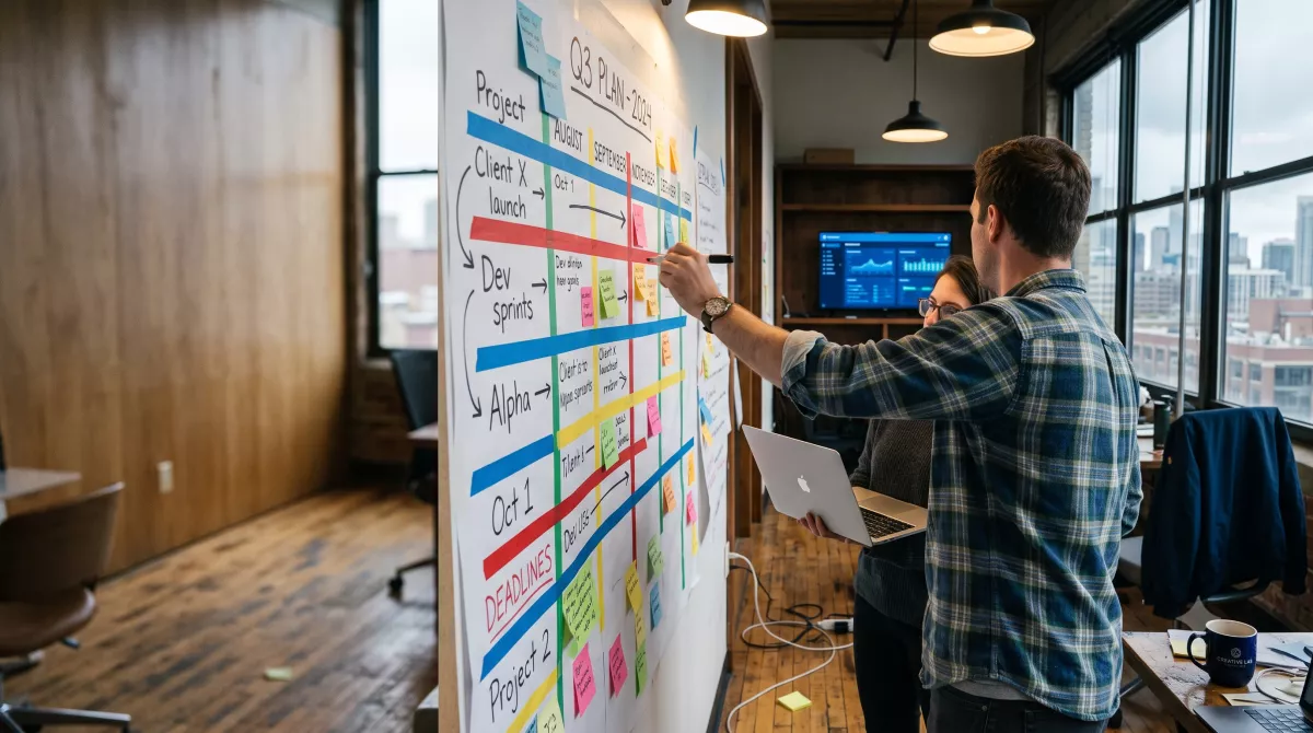 Media planner marking a half-month Q4 calendar on a wall planner during insurance media planning Q4 sessions