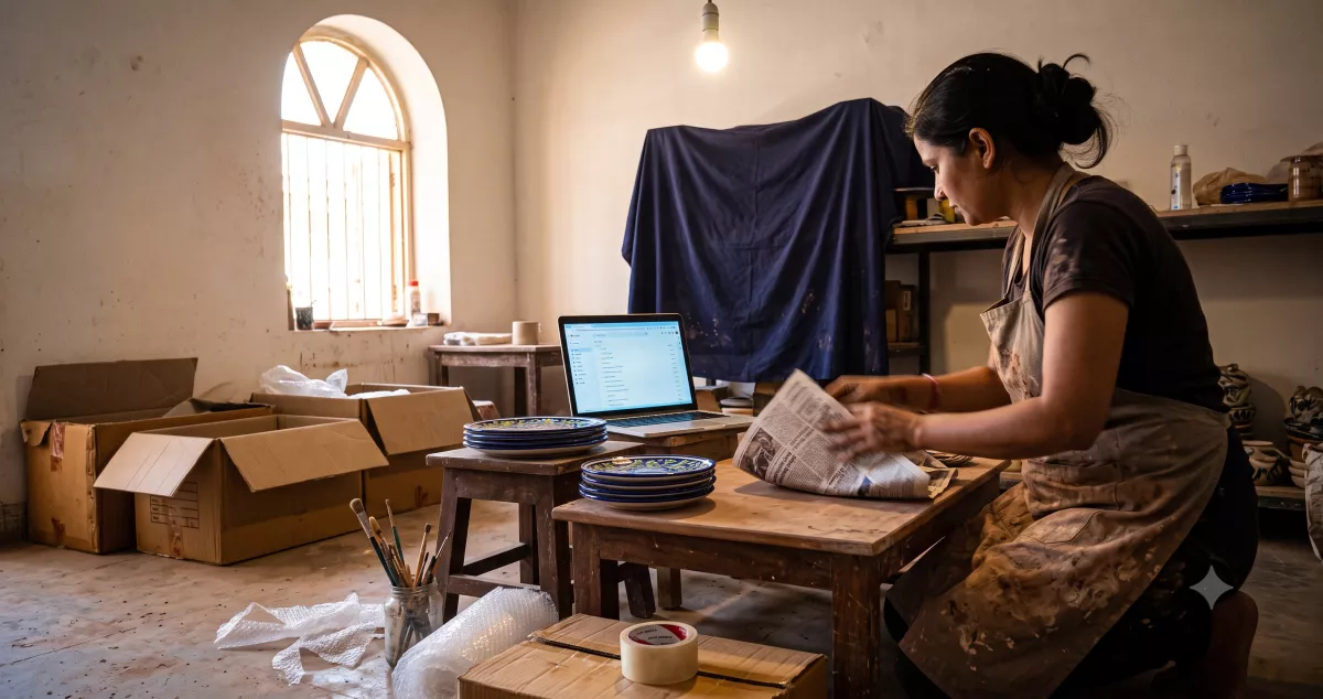 Jaipur pottery studio owner packing dinnerware beside a laptop showing an order queue, illustrating a Shopify vs WooCommerce India stack decision