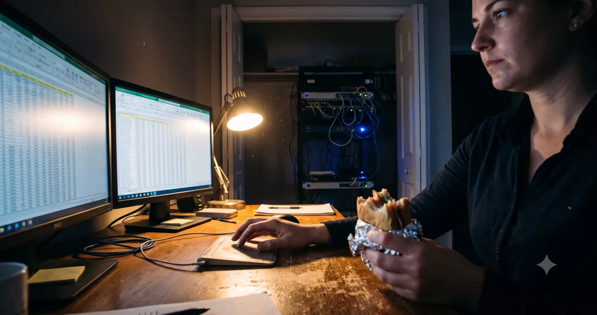 Lead operations analyst auditing consent chain of custody certificate records on dual monitors during a night shift